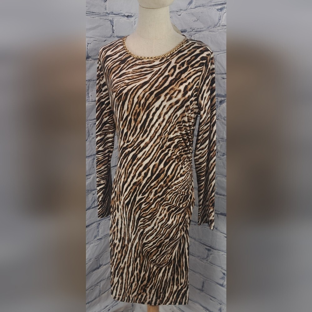 NWT Michael Kors Animal Print Dress Midi Ruched Gold Chain Camel $175 Large